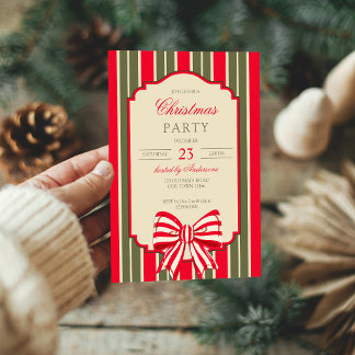 Christmas party retro red green stripes with bow invitation