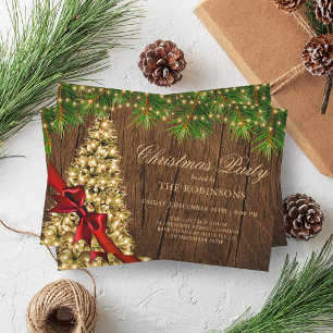 Christmas Party   Rustic Gold Tree & Red Ribbon  Invitation