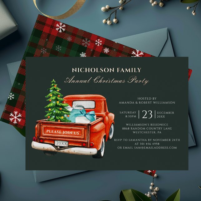 Christmas Party Rustic Plaid Gold (Classic Red Truck Christmas Party Invitation Gold Foil Card)