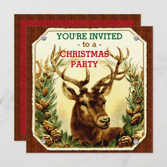 Christmas Party Rustic Reindeer Wood Grain Invitation (Front/Back)