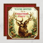 Christmas Party Rustic Reindeer Wood Grain Invitation<br><div class="desc">This rustic country Christmas party invitation design shows a vintage buck deer / reindeer with large antlers surrounded in pine needle boughs with pine cones. The background looks like a slightly-torn paper attached to a dark wood grain. The customisable front text reads, "You're Invited to a Christmas Party." On the...</div>