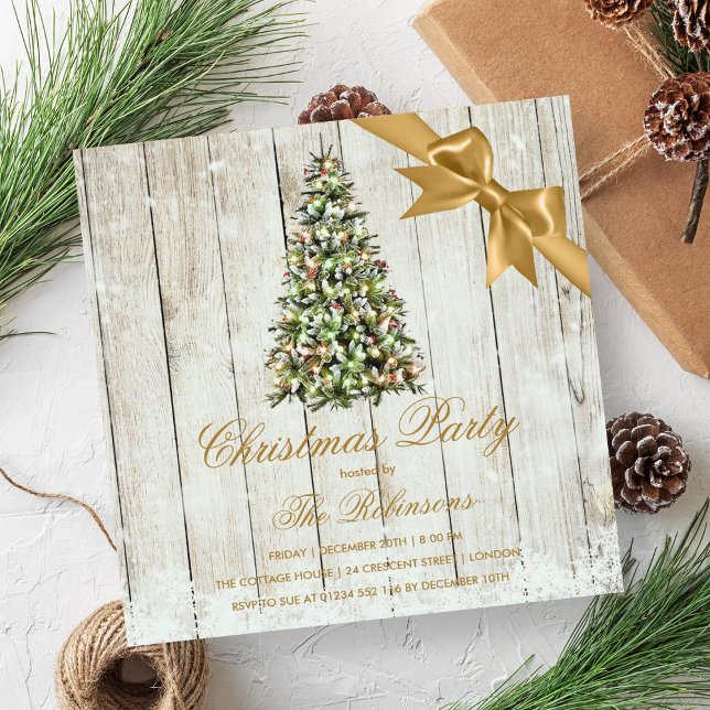 Christmas Party | Rustic Tree & Gold Ribbon Invitation (Christmas Party | Rustic Tree & Gold Ribbon Invitation)