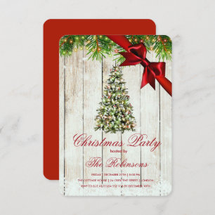 Christmas Party   Rustic Tree Lights   Red Ribbon  Invitation