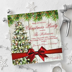 Christmas Party   Rustic Tree, Lights & Red Ribbon Invitation