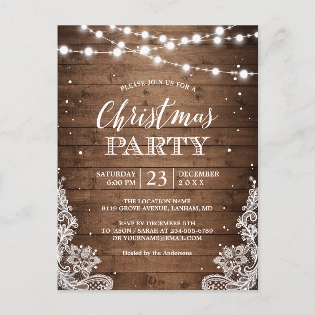 Christmas Party Rustic Wood String Lights Lace Postcard (Front)