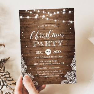 Christmas Party   Rustic Wood Twinkle Lights Lace Invitation