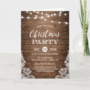 Christmas Party Rustic Wood Twinkle Lights Lace Invitation
