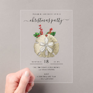 Christmas Party Sand Dollar Holly Berries Coastal  Acrylic Invitations