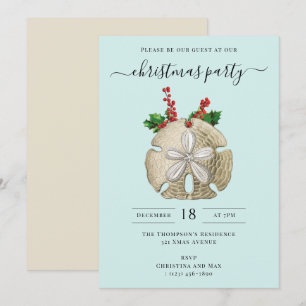 Christmas Party Sand Dollar Holly Berries Coastal  Invitation