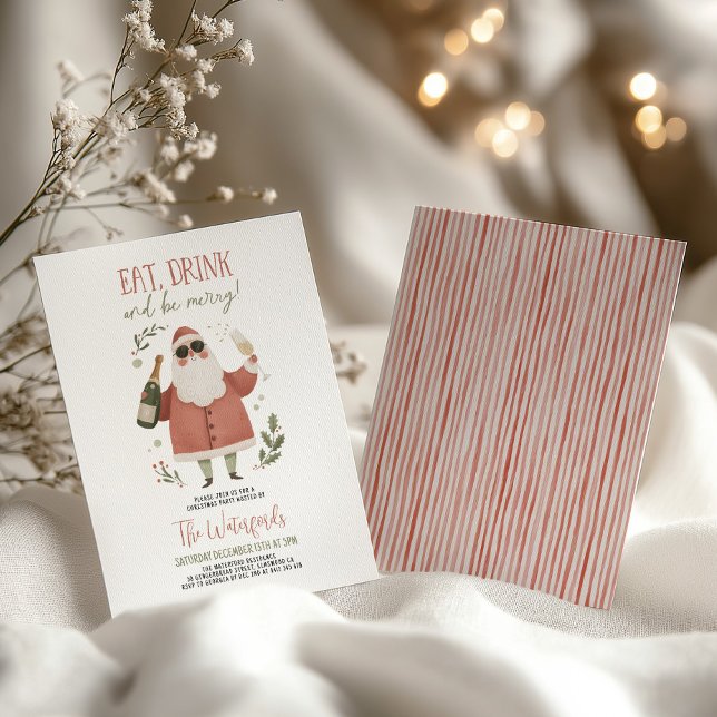 Christmas Party Santa Eat Drink Be Merry  Invitation (Eat Drink and Be Merry! Christmas Invitation with Santa in sunglasses and champagne)