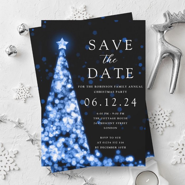 Christmas Party Save The Date Blue Tree Glam  Invitation (Christmas Party Save The Date Blue Tree Glam Invitation)