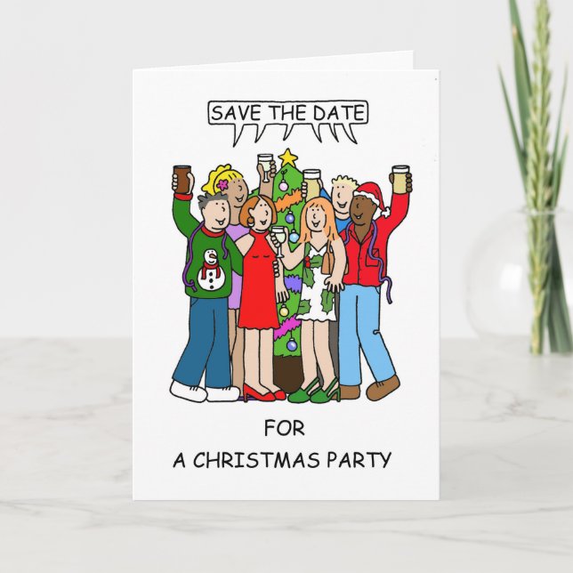 Christmas Party Save the Date Cartoon Card (Front)