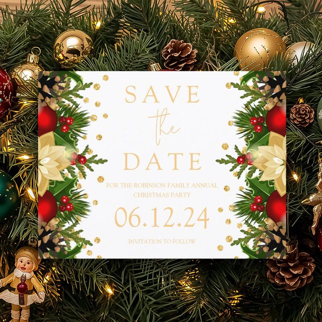 Christmas Party Save The Date Gold Floral  Announcement Postcard (Christmas Party Save The Date Gold Floral Announcement Postcard)