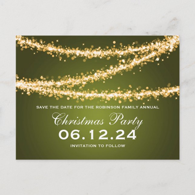 Christmas Party Save The Date Gold String Lights Announcement Postcard (Front)