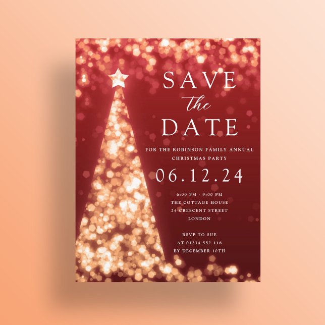 Christmas Party Save The Date Gold Tree Glam Red Announcement Postcard (Christmas Party Save The Date Gold Tree Glam Red Announcement Postcard)