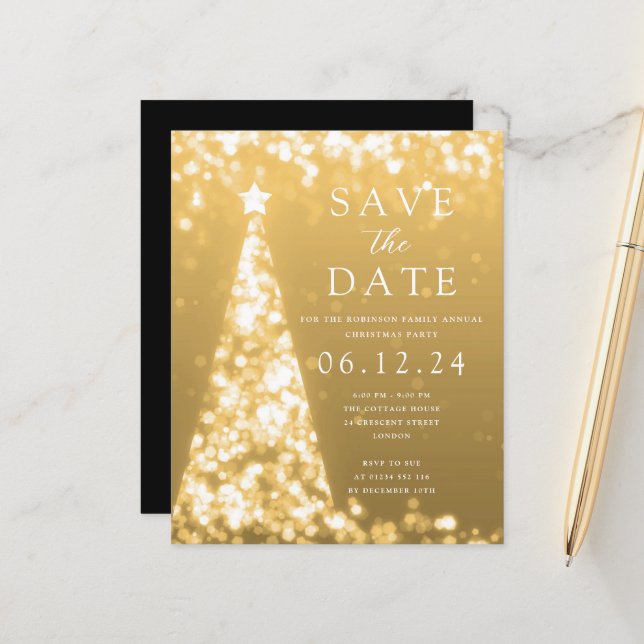 Christmas Party Save The Date Gold Tree Invite (Front/Back In Situ)
