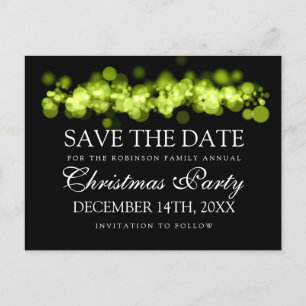 Christmas Party Save The Date Green Bokeh Lights Announcement Postcard