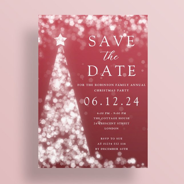 Christmas Party Save The Date Silver Tree Glam Red Invitation (Creator Uploaded)