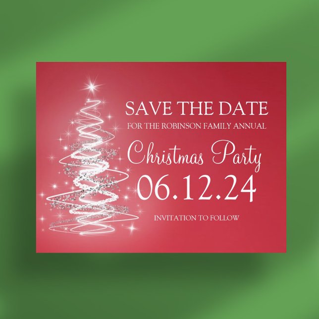 Christmas Party Save The Date Sparkling Tree Red Announcement Postcard (Christmas Party Save The Date Sparkling Tree Red Announcement Postcard)