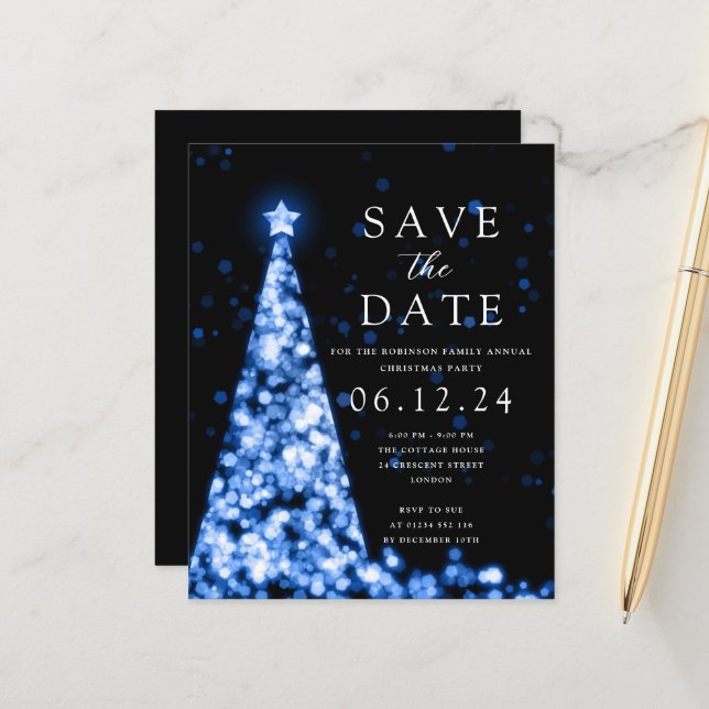 Christmas Party Save The Date Tree Blue Invite (Front/Back In Situ)