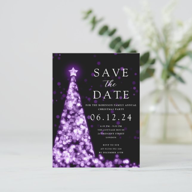 Christmas Party Save The Date Tree Glam Purple  Announcement Postcard (Standing Front)