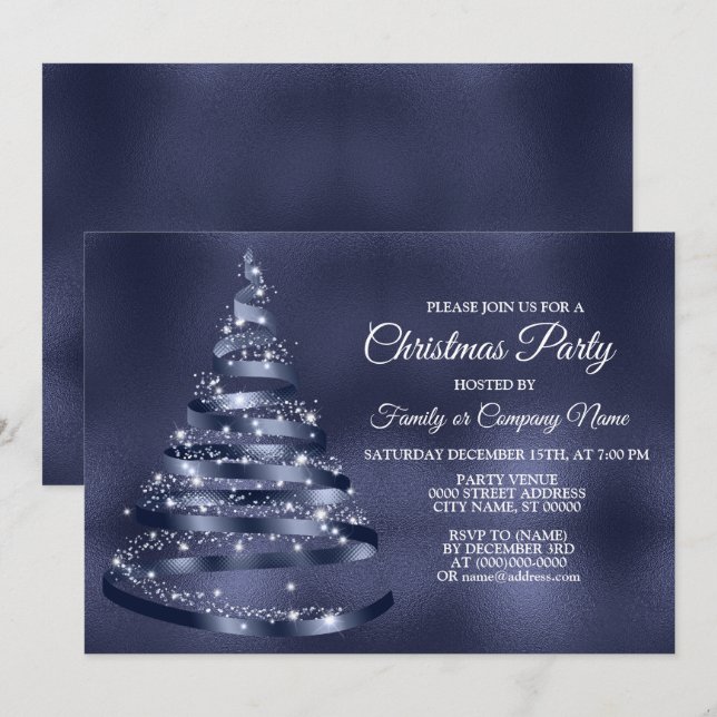 Christmas Party Shiny Blue Ribbon Tree Sparkle Invitation (Front/Back)