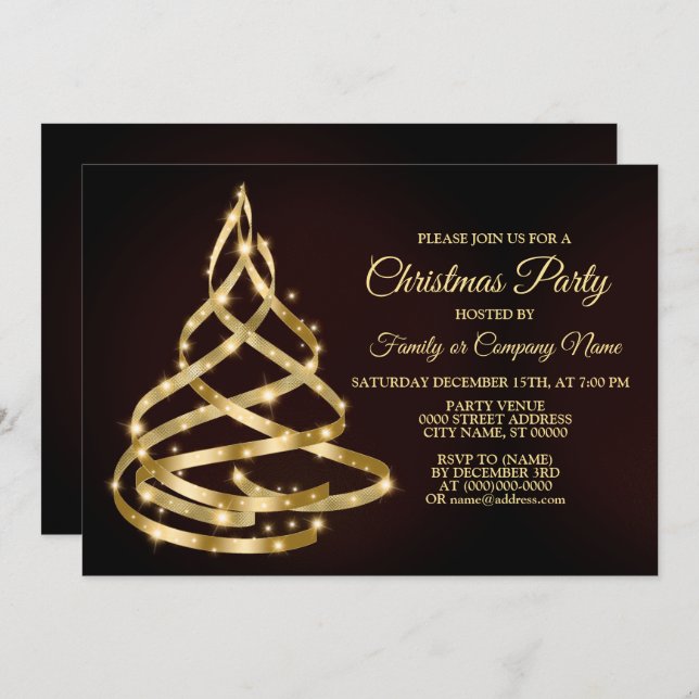 Christmas Party Shiny Golden Ribbon Tree Sparkle Invitation (Front/Back)