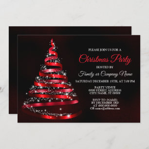 Christmas Party Shiny Red Ribbon Tree Sparkle Invitation