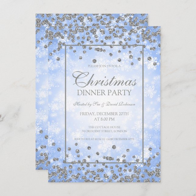 Christmas Party Silver Blue Glitter Winter Wonder Invitation (Front/Back)