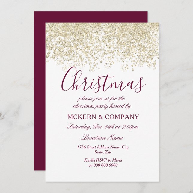 Christmas Party Silver Glitter Burgundy Invitation (Front/Back)