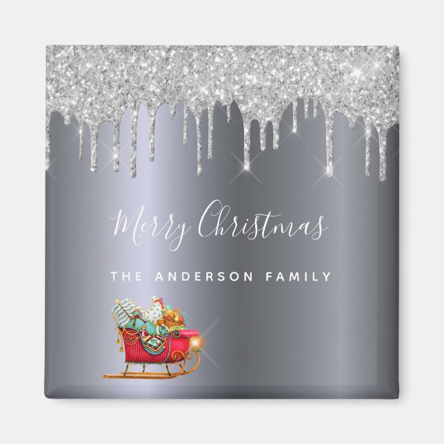 Christmas party silver glitter red sleigh favor magnet (Front)