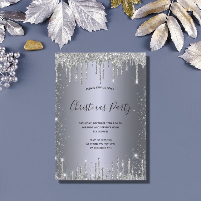 Christmas Party silver metal glitter sparkle Invitation (Creator Uploaded)