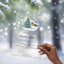 Christmas Party silver snow tree house frosted Acrylic Invitations