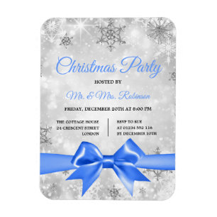Christmas Party Silver Winter Sparkle Blue Ribbon Magnet
