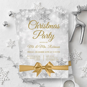 Christmas Party Silver Winter Sparkle Gold Ribbon Invitation