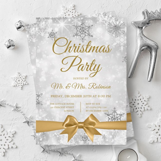 Christmas Party Silver Winter Sparkle Gold Ribbon Invitation (Christmas Party Silver Winter Sparkle Gold Ribbon Invitation)