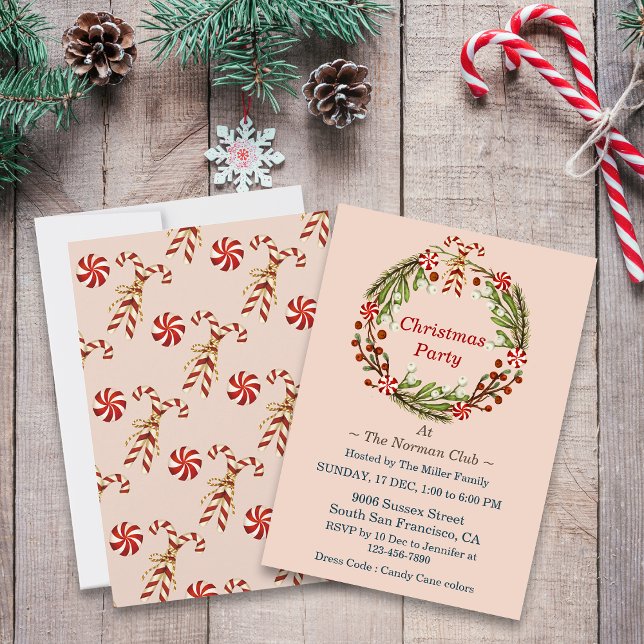 Christmas Party Simple Wreath Candy Canes Invitation (Creator Uploaded)