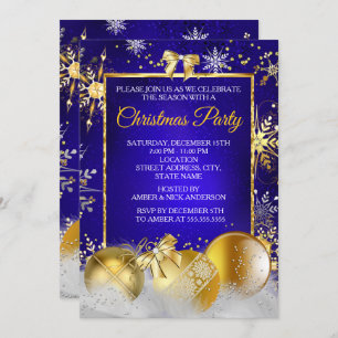 Christmas Party Snowflake Royal Blue Gold Bauble Invitation
