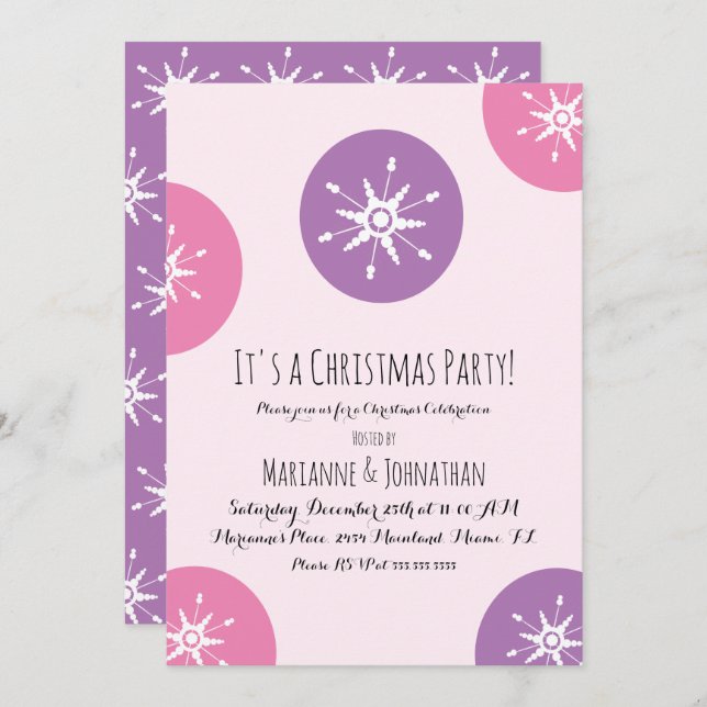 Christmas Party Snowflakes Pink Purple Dots Invitation (Front/Back)