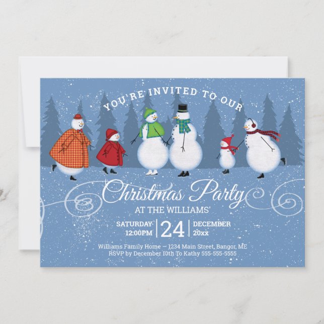 Christmas Party Snowman Skating Pine Trees Invitation (Front)