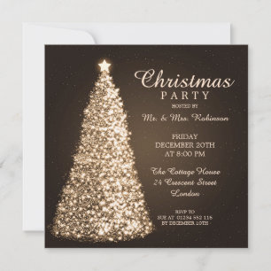 Christmas Party Sparkling Tree Gold Invitation