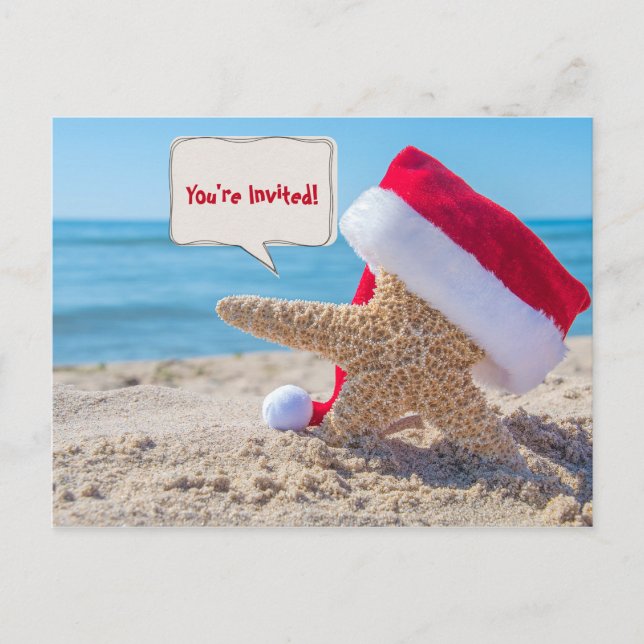 Christmas Party starfish with hat on beach Announcement Postcard (Front)