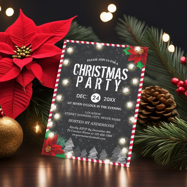 Christmas Party String Light Black White Red Green Invitation (Creator Uploaded)