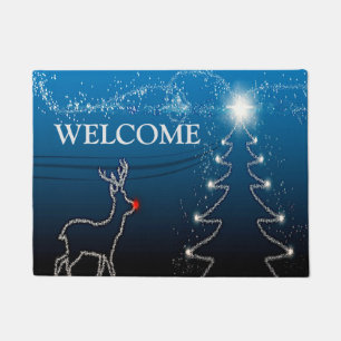 Christmas Party Tree Blue Sky Shiny Stars Rustic Doormat