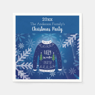 Christmas party ugly sweater blue snowflakes white napkin
