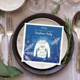 Christmas party ugly sweater blue snowflakes white napkin