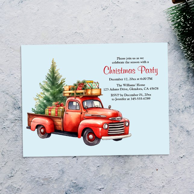 Christmas Party Vintage Truck Holiday Invitation (This Vintage Red Truck Christmas Invitation captures the heartwarming essence of the holiday season.)