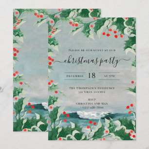 Christmas Party Watercolor Beach Coastal Holly Invitation