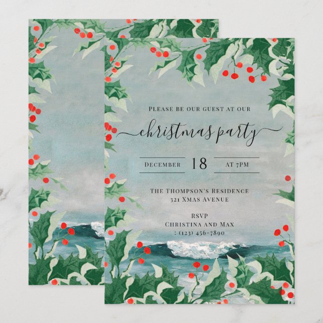 Christmas Party Watercolor Beach Coastal Holly Invitation (Front/Back)