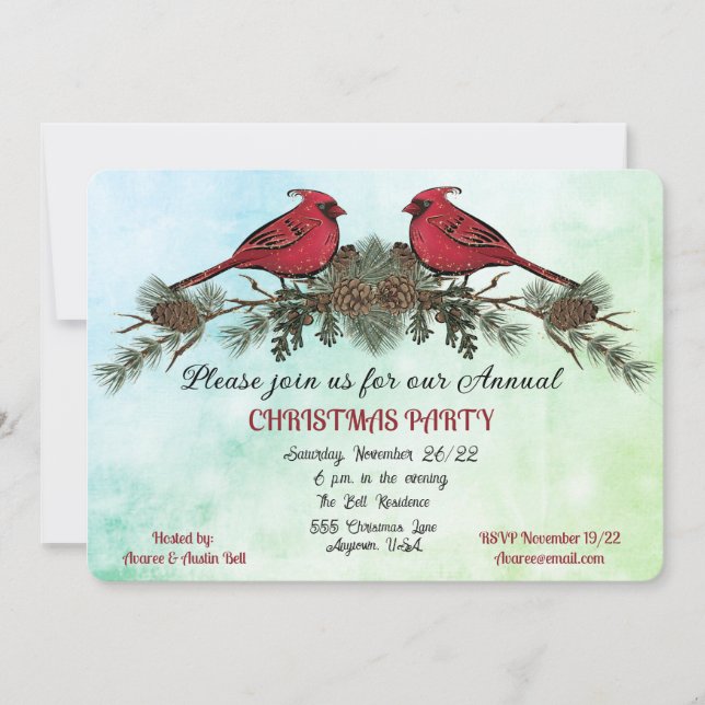 Christmas Party Watercolor Cardinals Invitation (Front)